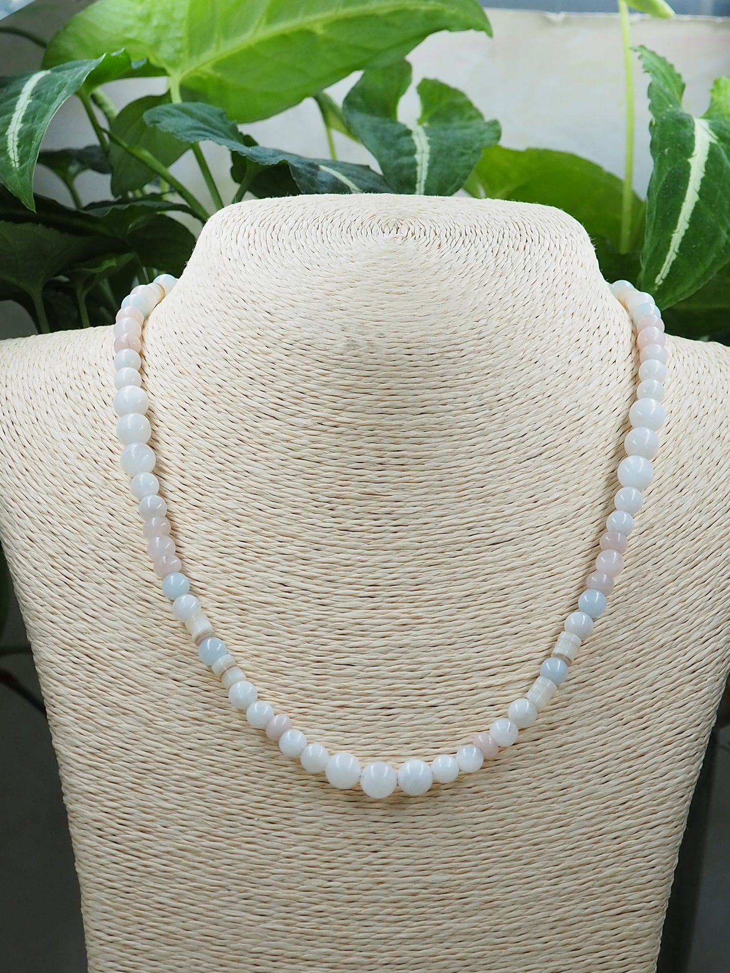 White Rainbow Moonstone, Aquamarine and Rose Quartz Hand Strung Necklace