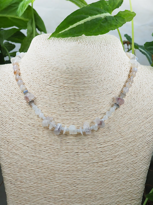 Rough Cut Rainbow Moonstone, Lepidolite in Quartz, Labradorite & Australian Agate Necklace