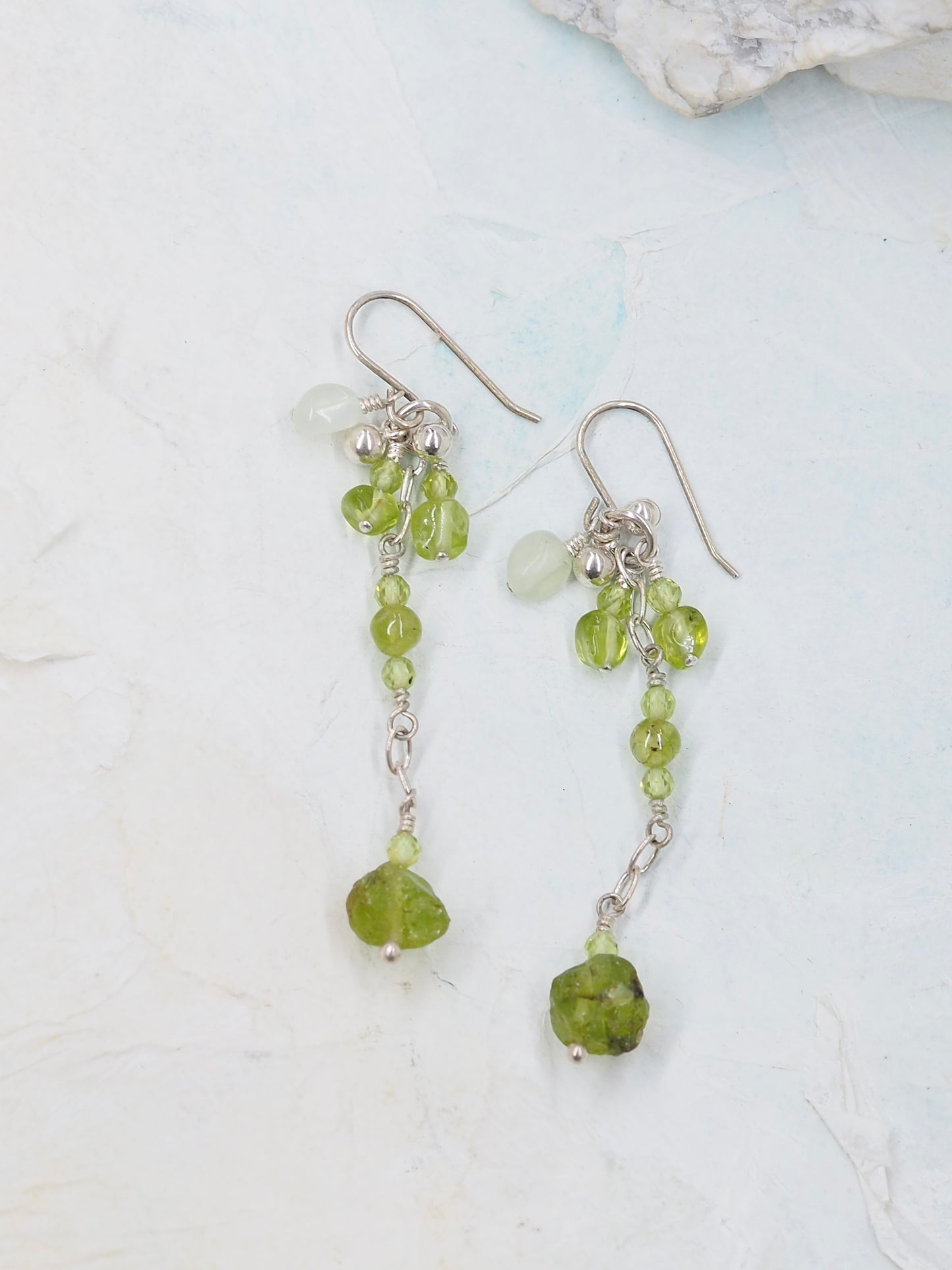 One Of a Kind Peridot & Serpentine Long Drop Sterling Silver Earrings
