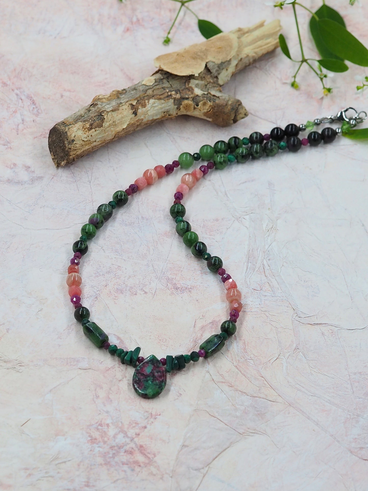 Ruby in Zoisite, Rhodochrosite & Malachite ooak Choker