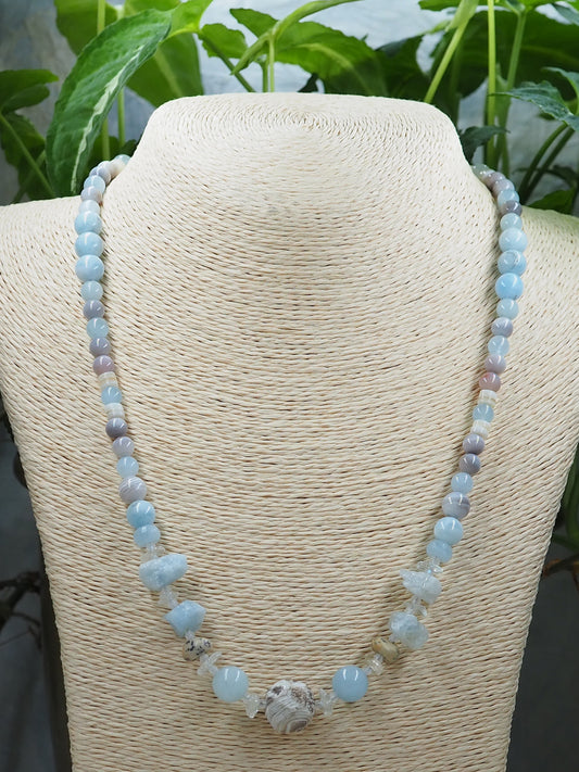 OOAK Blue Ocean Rhyolite, with Aquamarine, Pink Botswana Agate & Rainbow Moonstone Statement Necklace