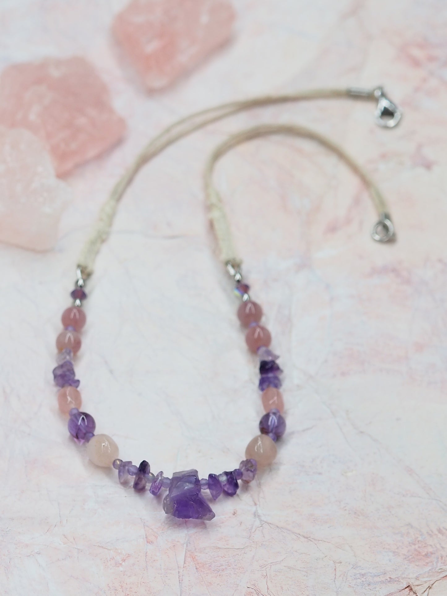 Amethyst, Rose Quartz & Cacoxenite OOAK Pendant Necklace