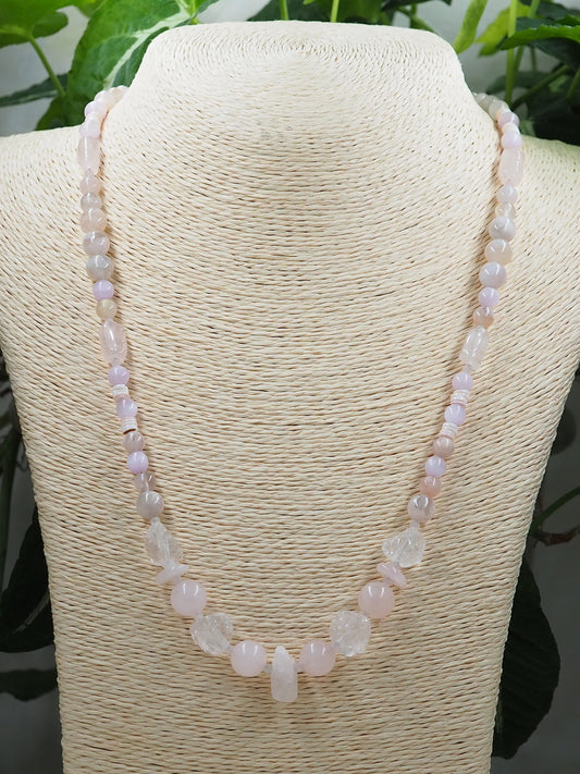 OOAK Mid Length Rose Quartz, Sakura Agate Necklace with Kunzite & Morganite