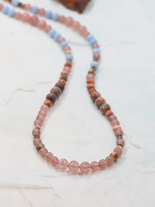OOAK Leopardskin Jasper & Strawberry Quartz Long Necklace with Blue Angelite