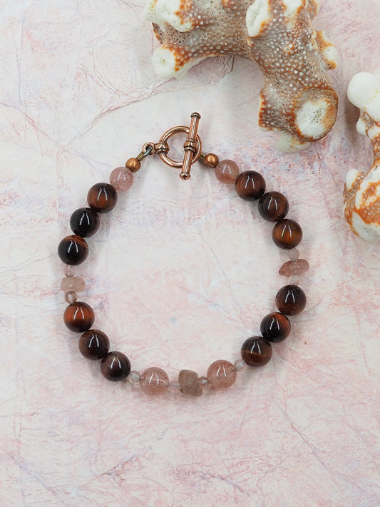 Strawberry Quartz & Red Tigers Eye Hand Strung Bracelet
