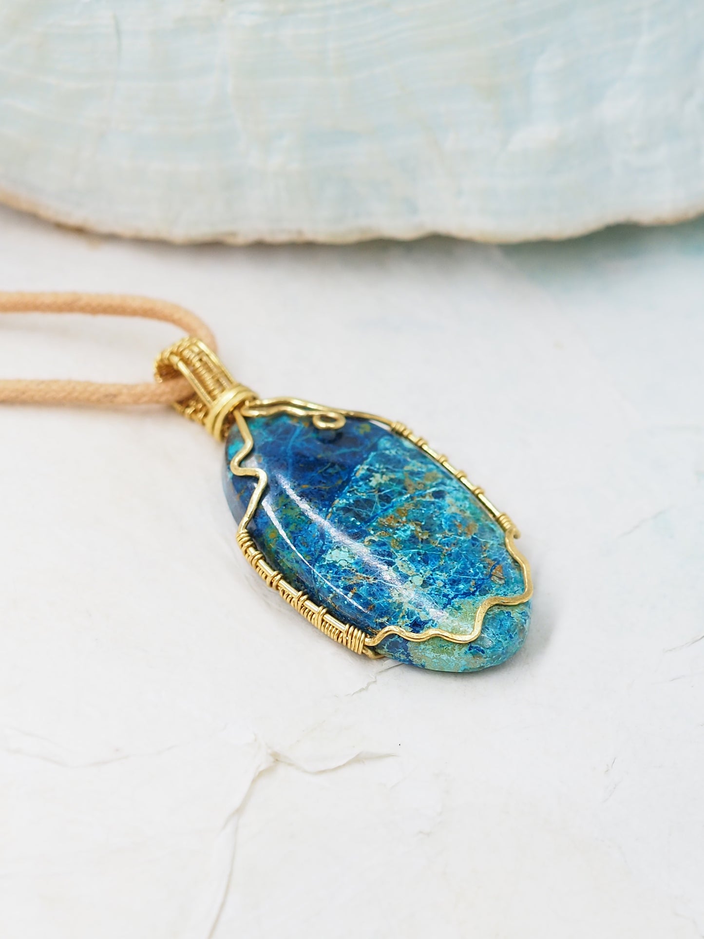 Shattuckite with Azurite & Brass Hand Wrapped OOAK Pendant
