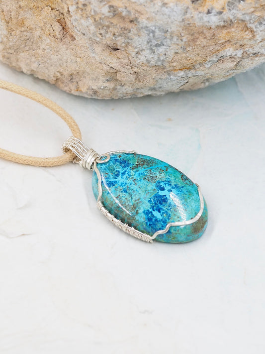 One of a Kind Shattuckite with Azurite Hand Wrapped Sterling Silver Pendant
