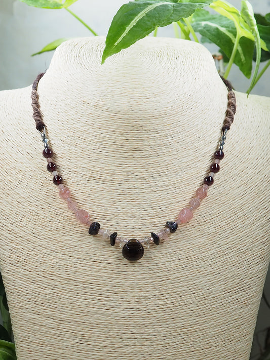 Smoky Quartz, Strawberry Quartz & Garnet Pendant Necklace