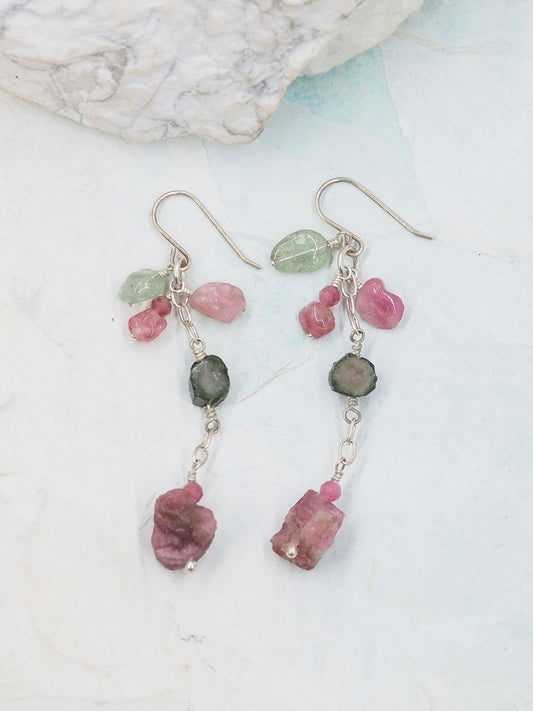 OOAK Pink & Green Tourmaline Long Drop Sterling Silver Earrings