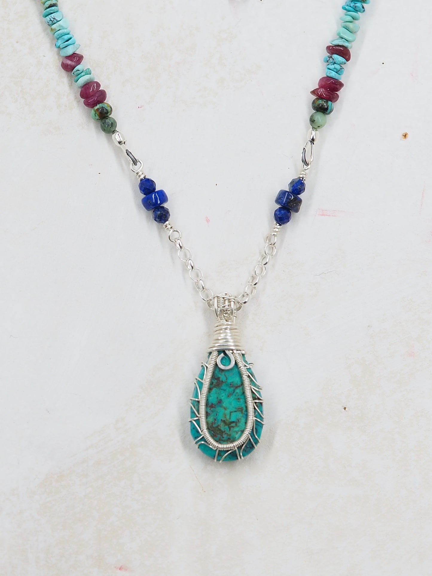 Turquoise, Lapis Lazuli and Pink Tourmaline Pendant Necklace