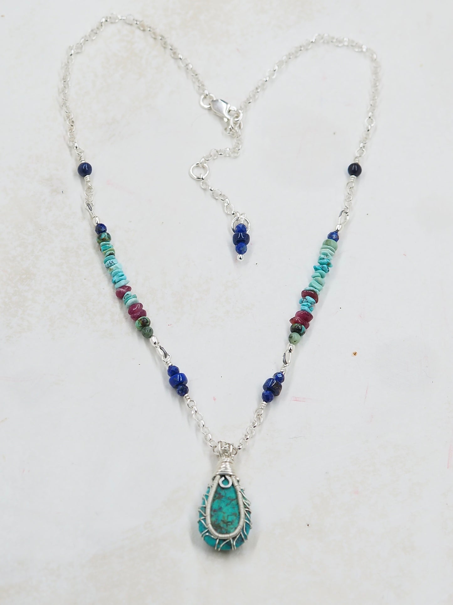 Turquoise, Lapis Lazuli and Pink Tourmaline Pendant Necklace