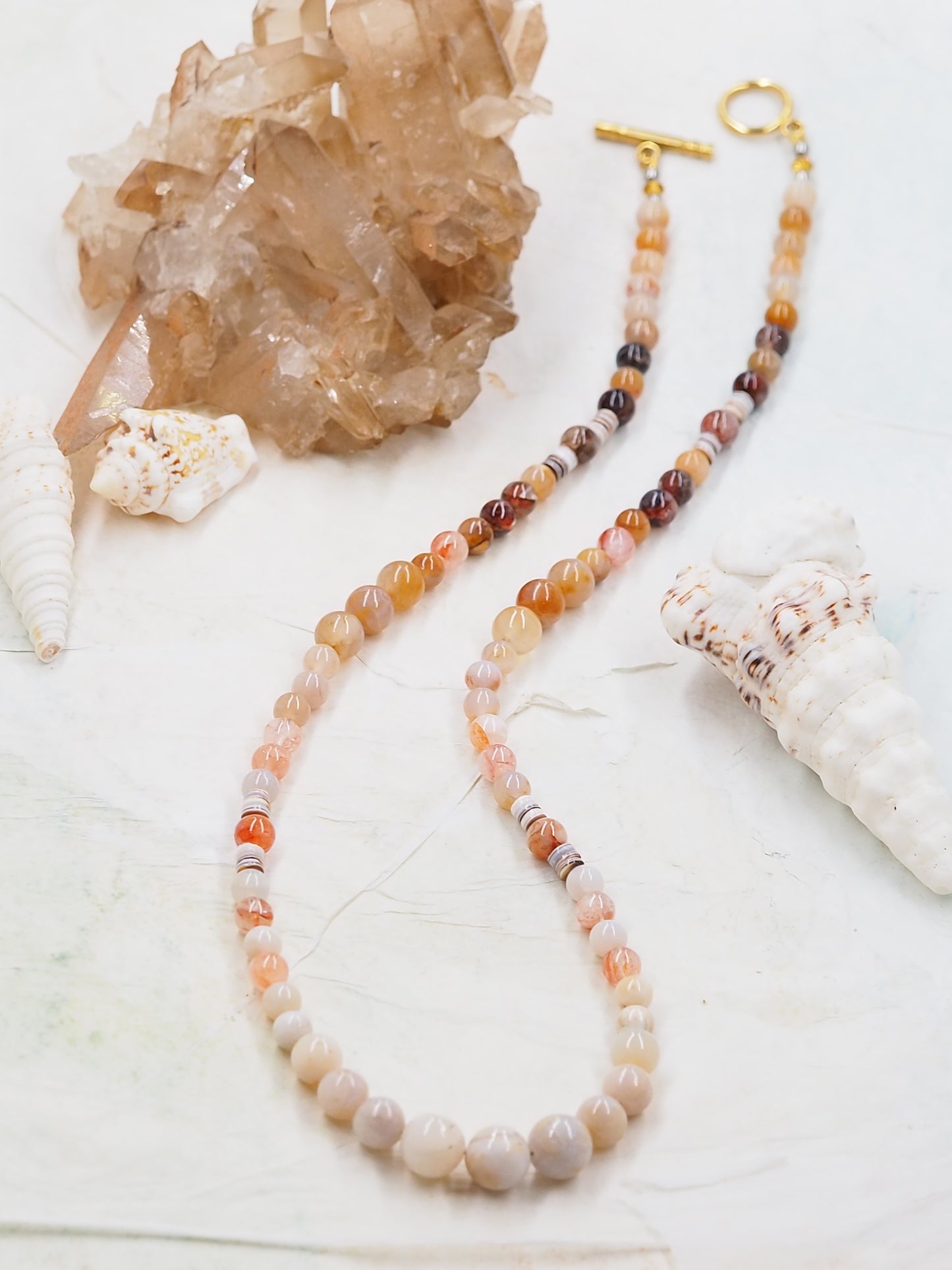 Australian Agate Mid Length Necklace with Fire Quartz and Kabebe Shell Heishe