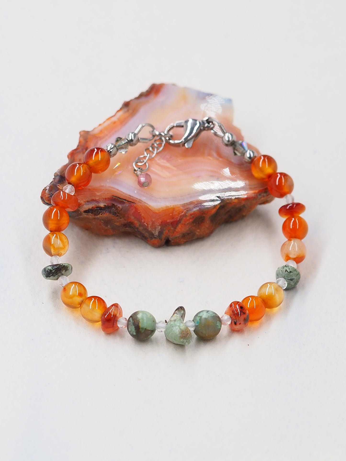 African Turquoise, Carnelian & Strawberry Quartz Crystal Slender Bracelet with Stainless Steel Extender Chain