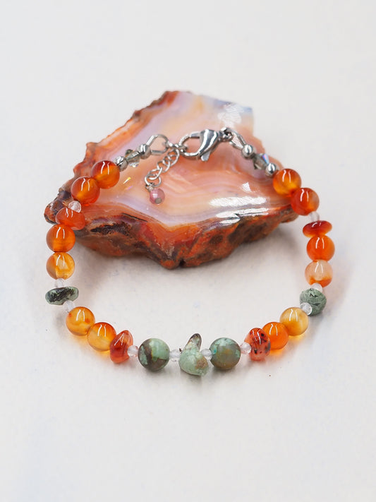 African Turquoise, Carnelian & Strawberry Quartz Crystal Slender Bracelet with Stainless Steel Extender Chain