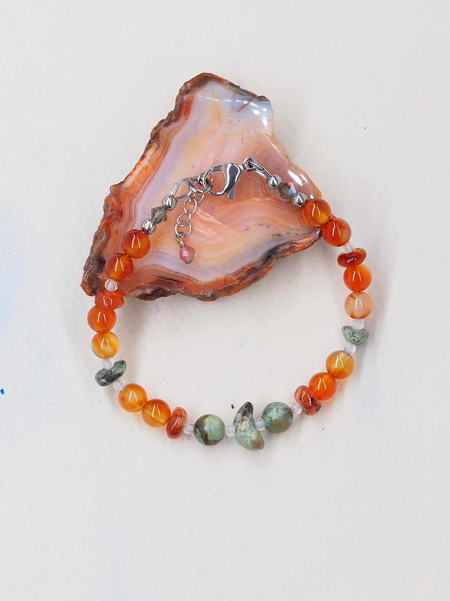 African Turquoise, Carnelian & Strawberry Quartz Crystal Slender Bracelet with Stainless Steel Extender Chain