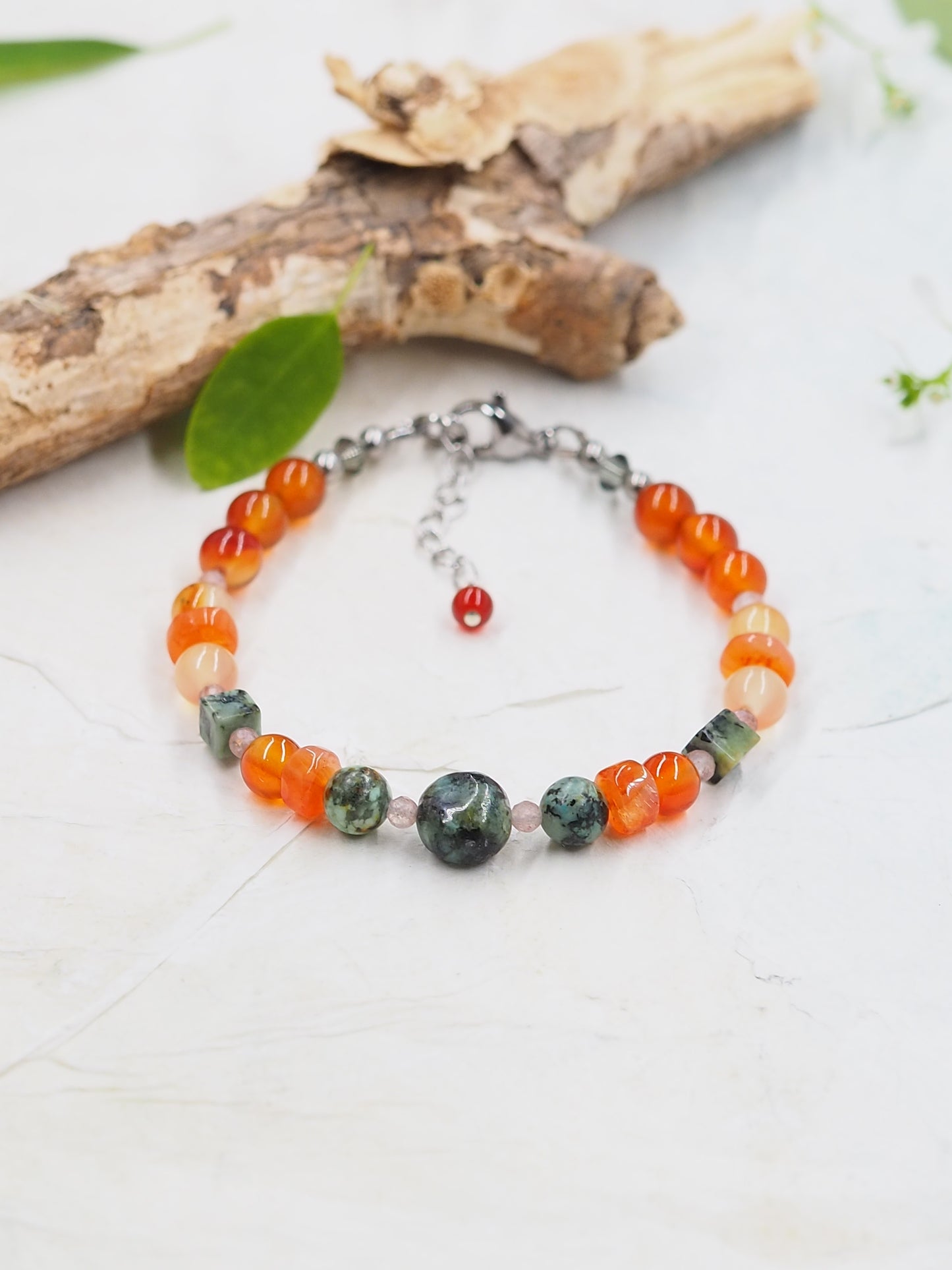 African Turquoise, Carnelian & Strawberry Quartz Crystal Slender Bracelet