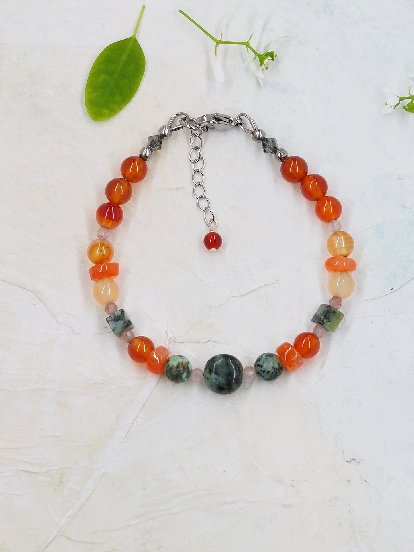 African Turquoise, Carnelian & Strawberry Quartz Crystal Slender Bracelet