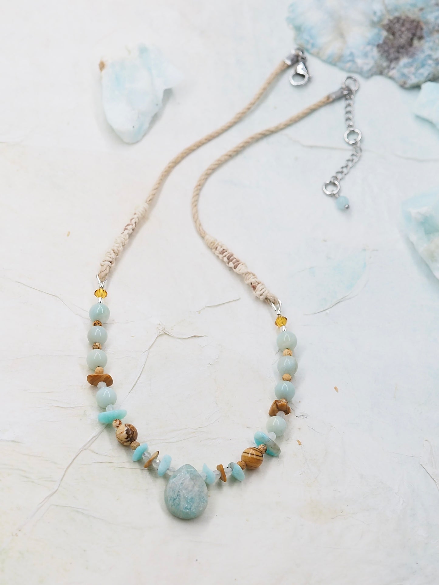 Amazonite, Picture Jasper & Moonstone Pendant Necklace on Hemp