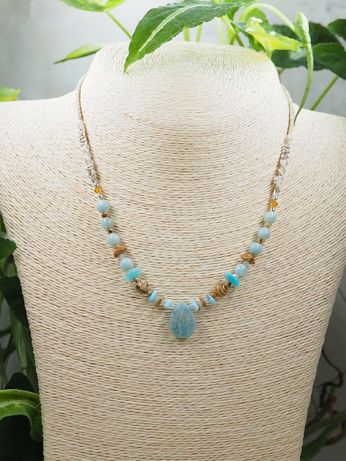 Amazonite, Picture Jasper & Moonstone Pendant Necklace on Hemp