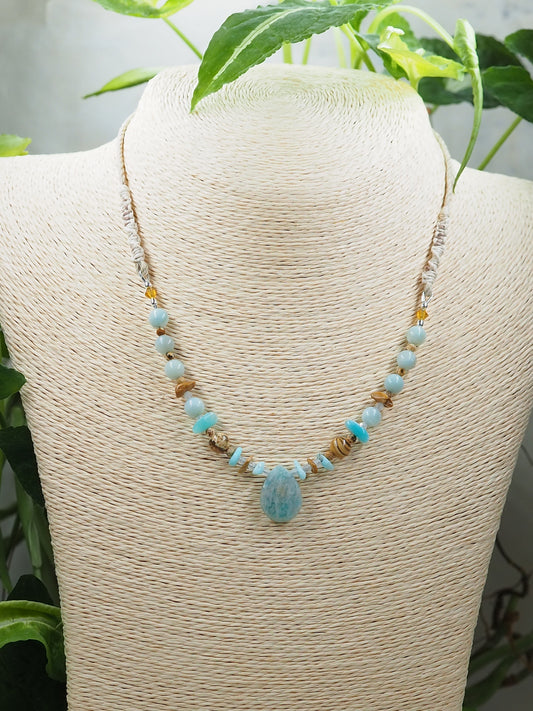 Amazonite, Picture Jasper & Moonstone Pendant Necklace on Hemp