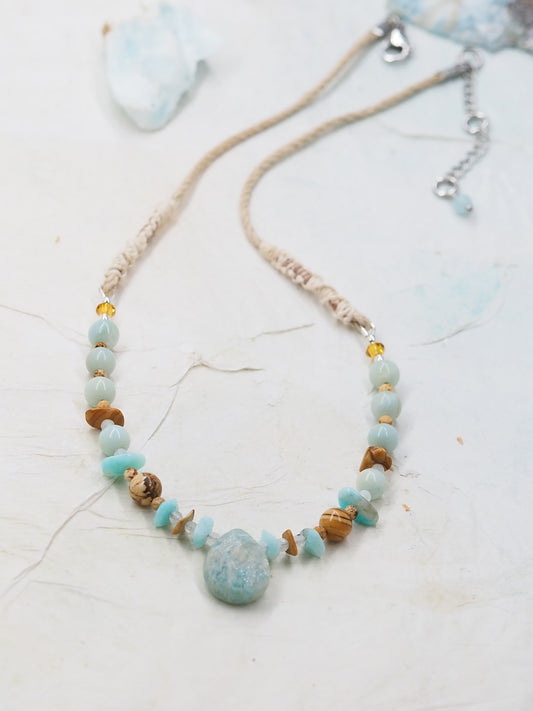 Amazonite, Picture Jasper & Moonstone Pendant Necklace on Hemp
