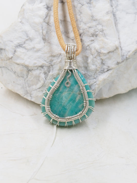 Amazonite & Sterling Silver Hand Wrapped Reversible Pendant