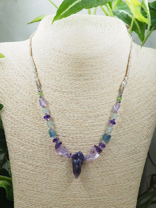 One-of-a-kind Amethyst & Rainbow Fluorite Pendant Necklace with Rough Cut Nugget