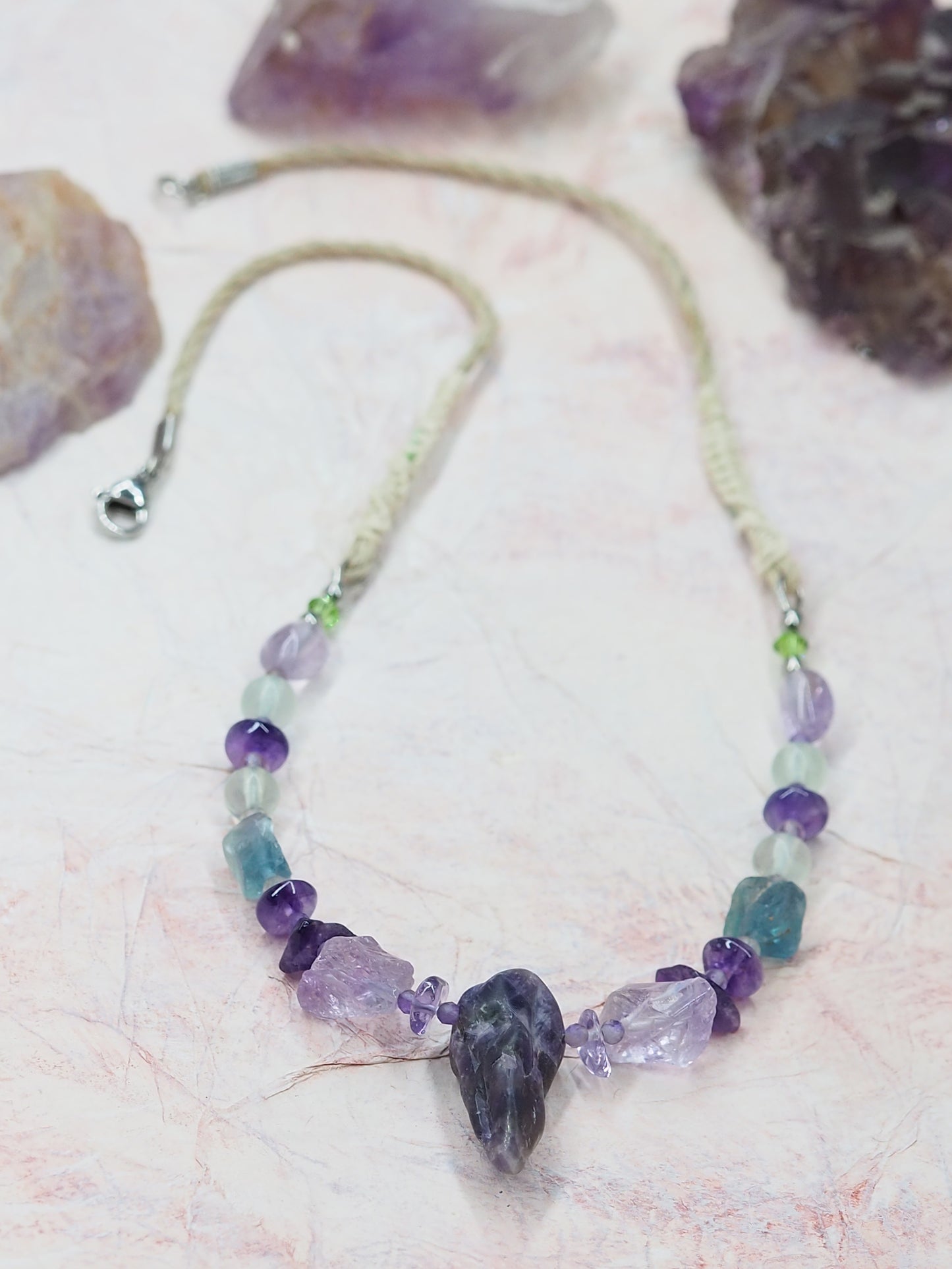 One-of-a-kind Amethyst & Rainbow Fluorite Pendant Necklace with Rough Cut Nugget