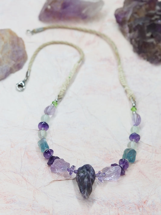 One-of-a-kind Amethyst & Rainbow Fluorite Pendant Necklace with Rough Cut Nugget