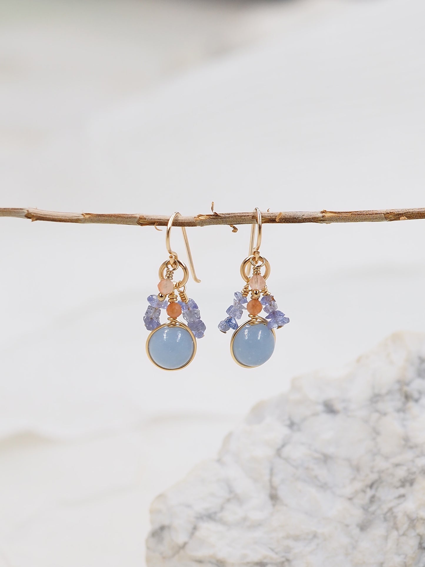 Blue Angelite, Tanzanite & Fire Quartz Gold Filled Cluster Earrings