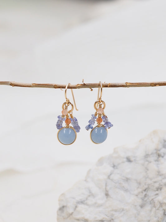 Blue Angelite, Tanzanite & Fire Quartz Gold Filled Cluster Earrings