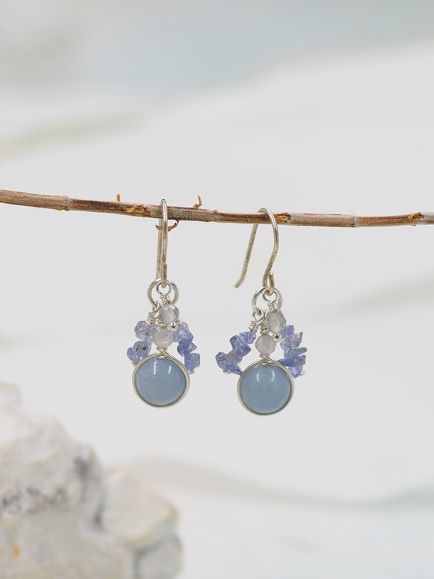Blue Angelite, Tanzanite & Labradorite Sterling Silver Cluster Earrings