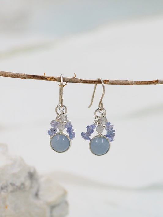 Blue Angelite, Tanzanite & Labradorite Sterling Silver Cluster Earrings