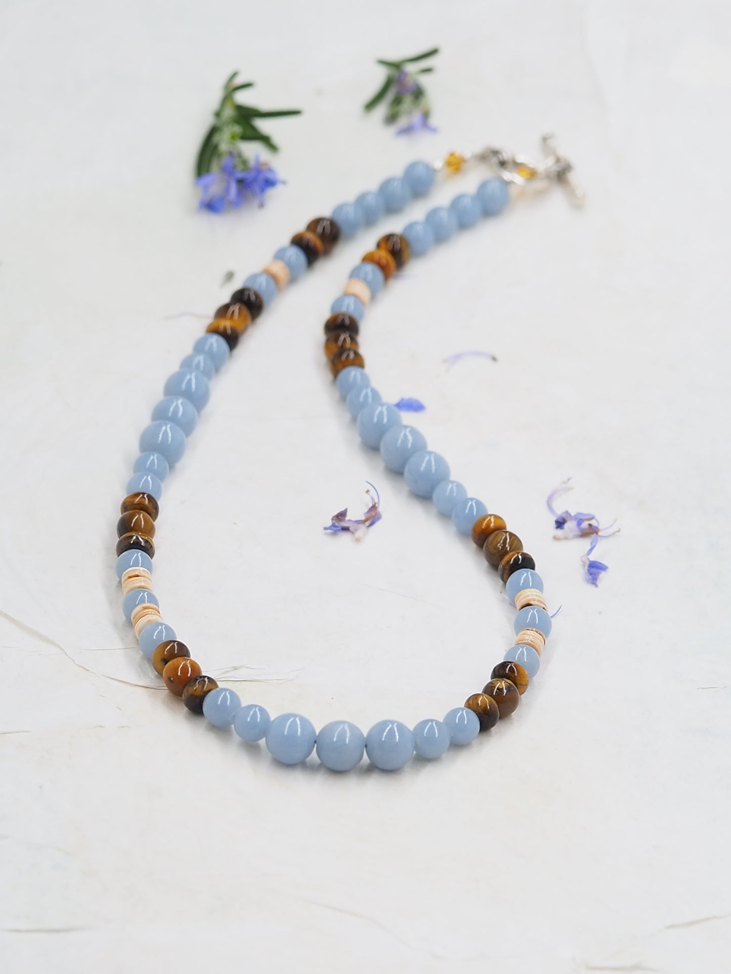 Angelite and Tigers Eye hand Beaded Necklace