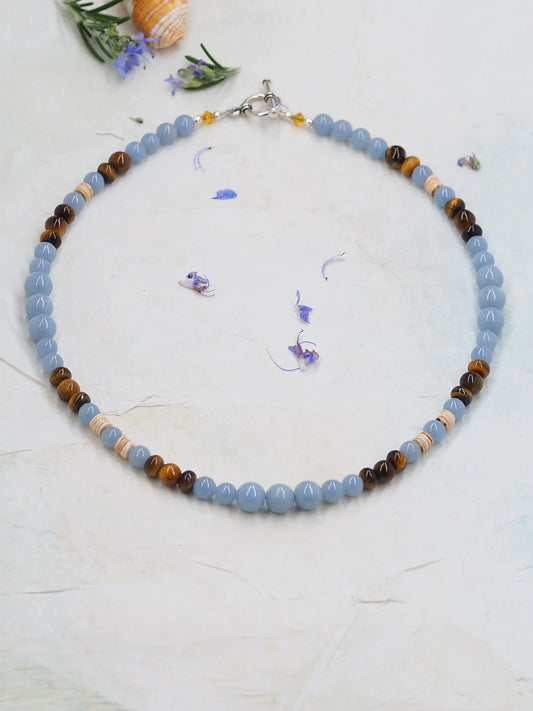 Angelite and Tigers Eye hand Beaded Necklace