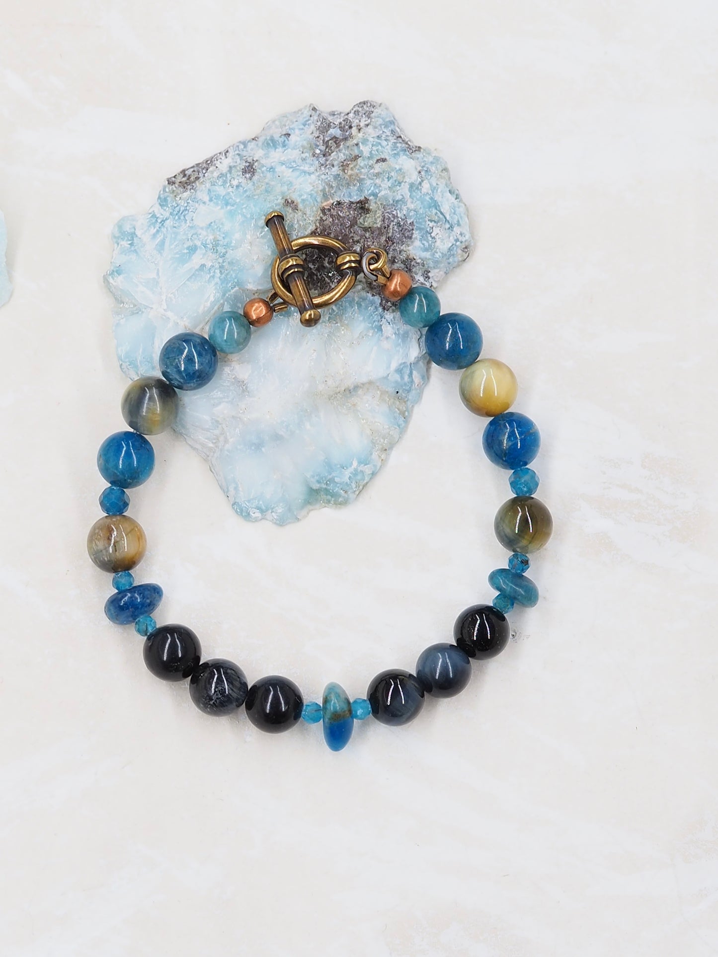 Golden-Blue Tiger Eye & Blue Apatite Beaded Bracelet