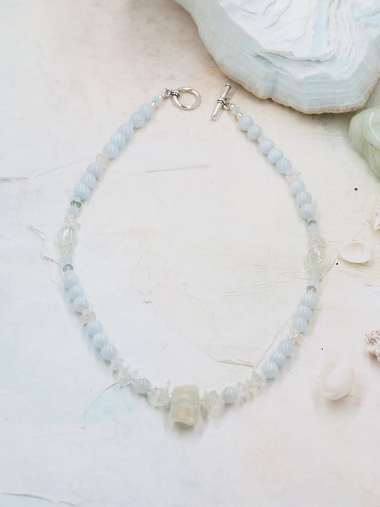 One-of-a-kind Aquamarine and Rainbow Moonstone Choker with Rough Cut Nugget