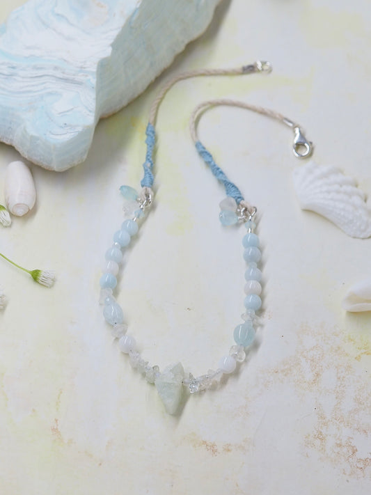 One-of-a-kind Aquamarine, Rainbow Moonstone & Hemp Handcrafted Pendant Necklace