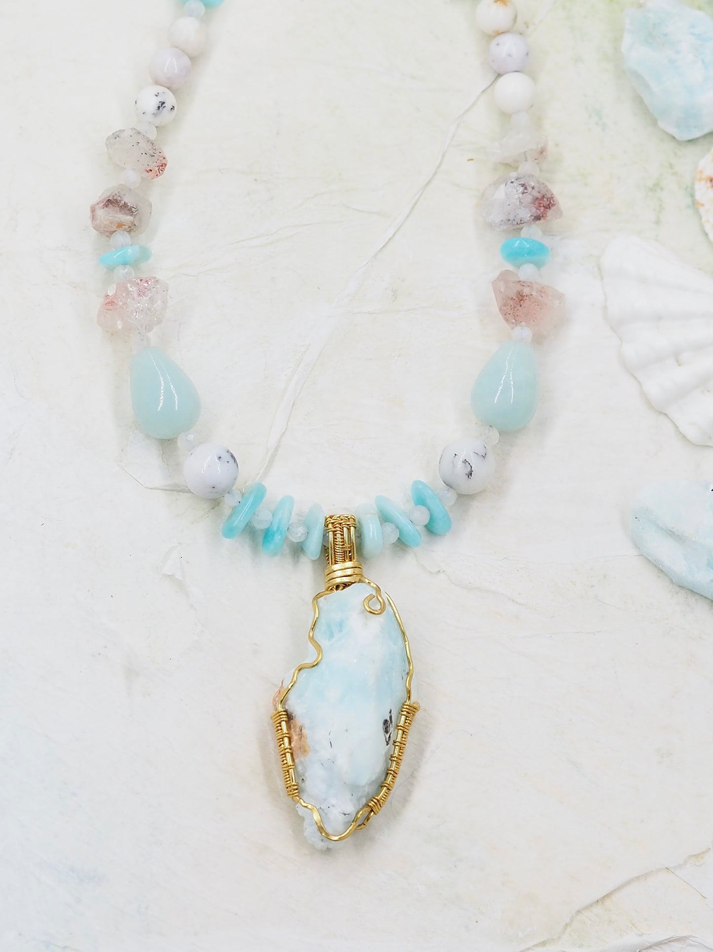 Blue Aragonite Rough Cut Pendant Necklace with; Amazonite, Moonstone, Dendritic Opal and Super Seven Lepidochrocite in Quartz