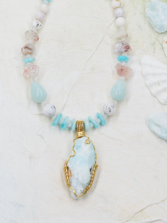 Blue Aragonite Rough Cut Pendant Necklace with; Amazonite, Moonstone, Dendritic Opal and Super Seven Lepidochrocite in Quartz