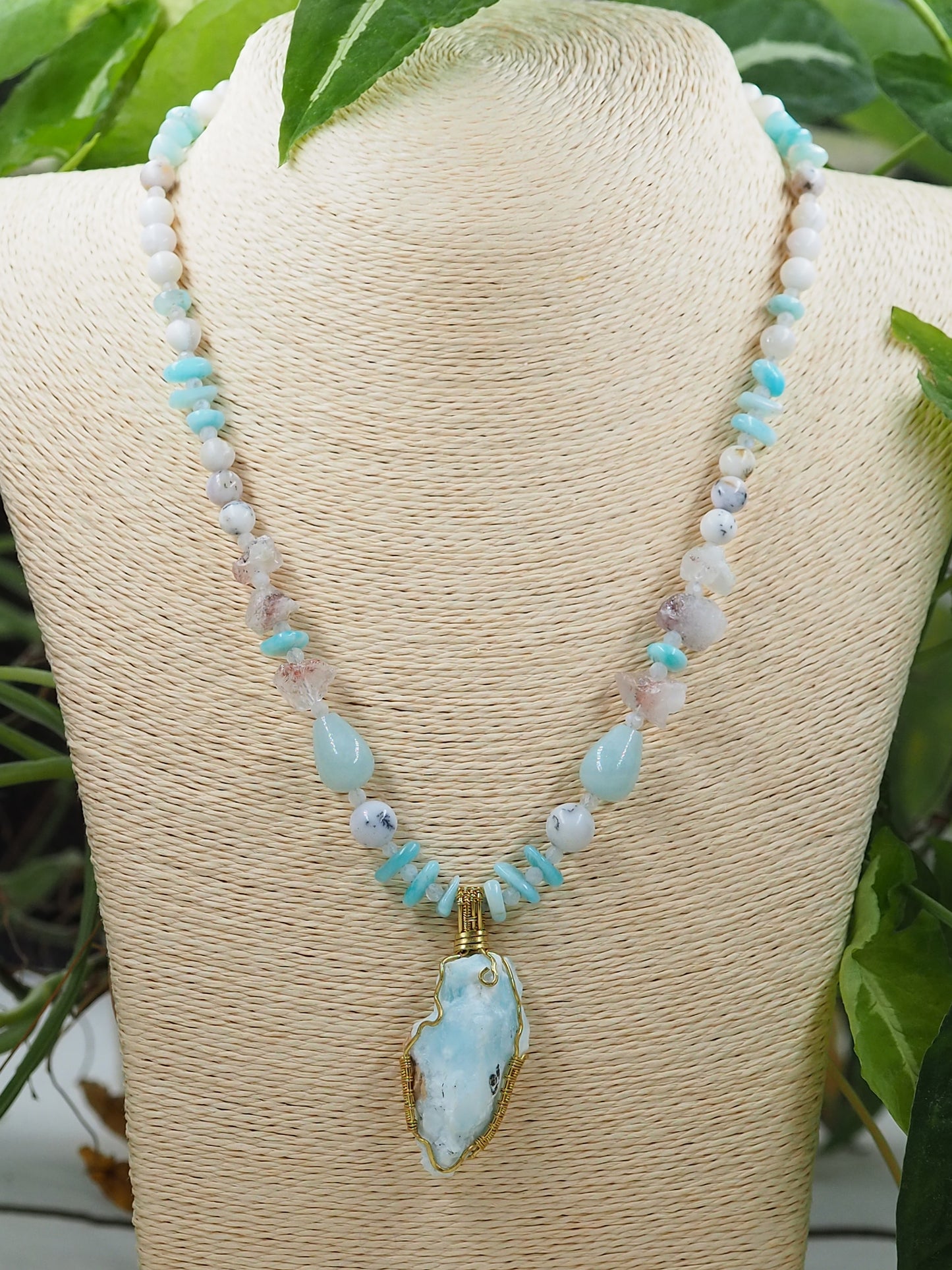 Blue Aragonite Rough Cut Pendant Necklace with; Amazonite, Moonstone, Dendritic Opal and Super Seven Lepidochrocite in Quartz