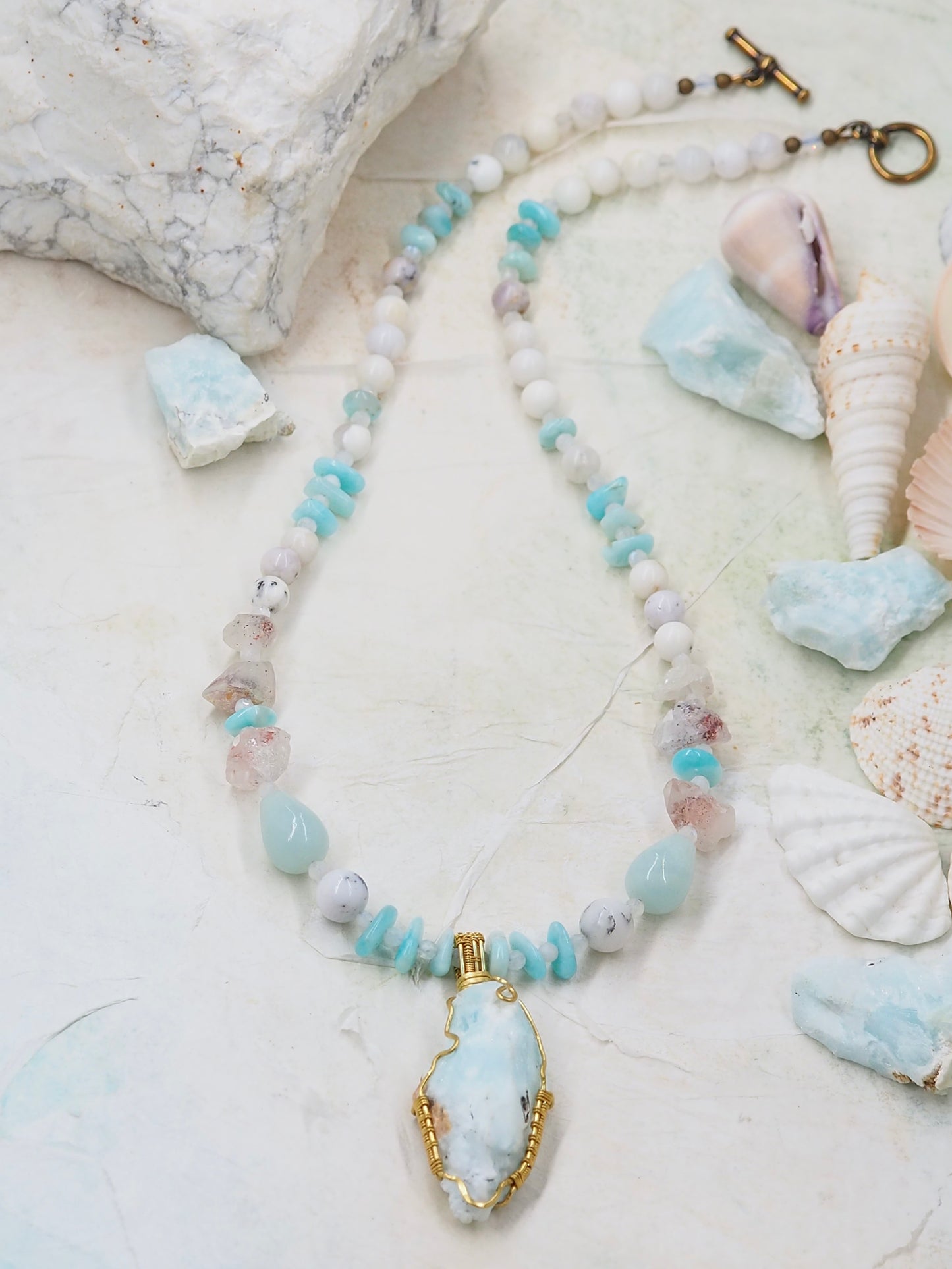 Blue Aragonite Rough Cut Pendant Necklace with; Amazonite, Moonstone, Dendritic Opal and Super Seven Lepidochrocite in Quartz