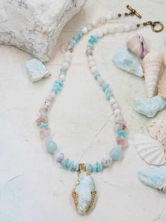 Blue Aragonite Rough Cut Pendant Necklace with; Amazonite, Moonstone, Dendritic Opal and Super Seven Lepidochrocite in Quartz