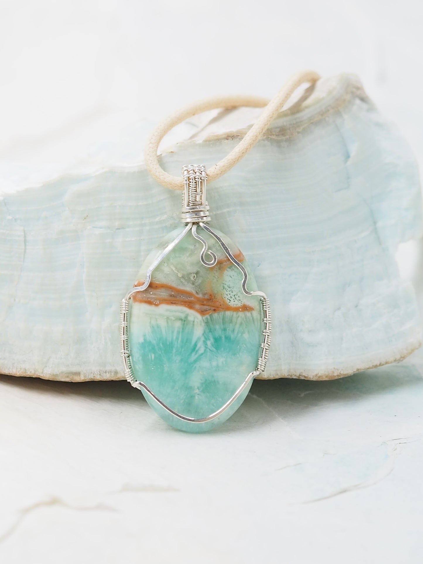 OOAK Blue Caribbean Calcite Hand Wrapped Cabochon Pendant