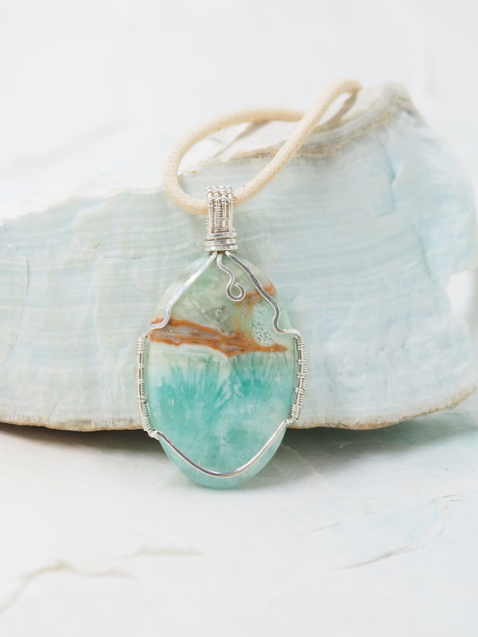 OOAK Blue Caribbean Calcite Hand Wrapped Cabochon Pendant