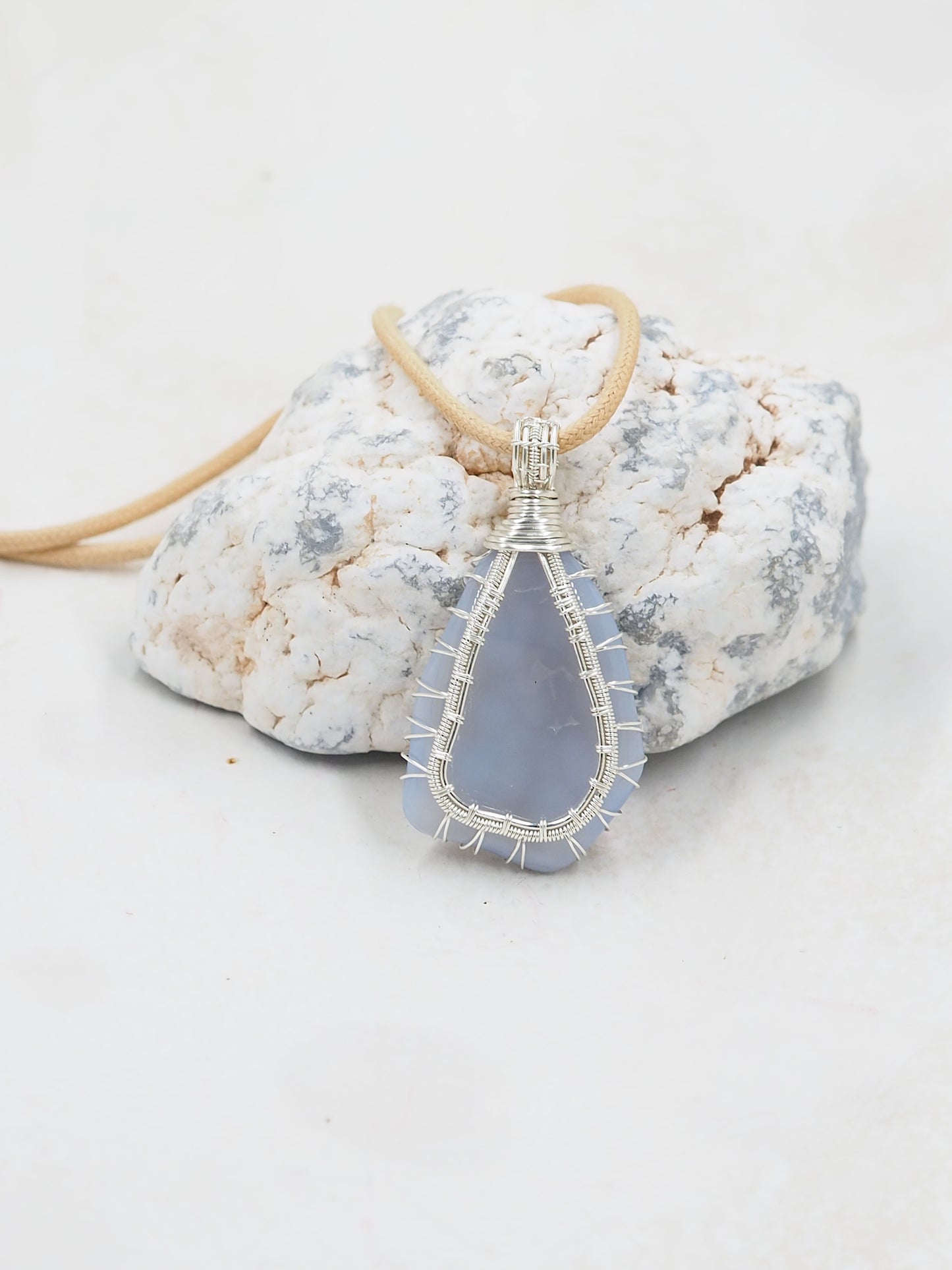 Blue Chalcedony Freeform Pendant, Hand Wrapped with Sterling Silver