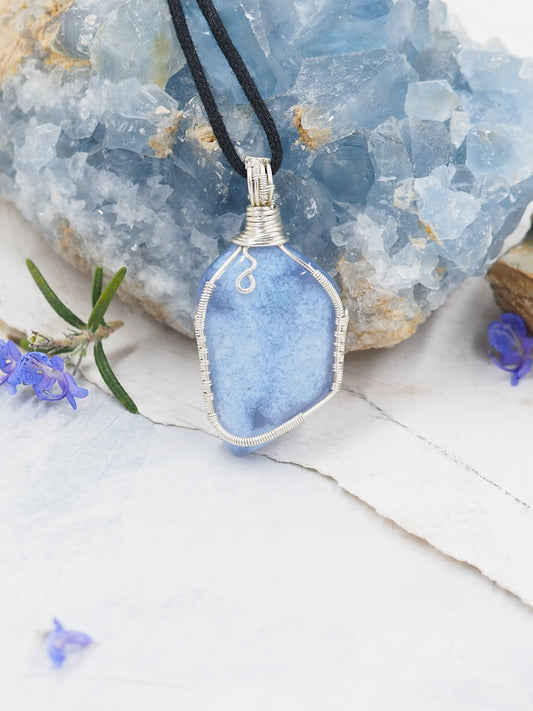 Blue Chalcedony Freeform Pendant, Hand Wrapped with Sterling Silver