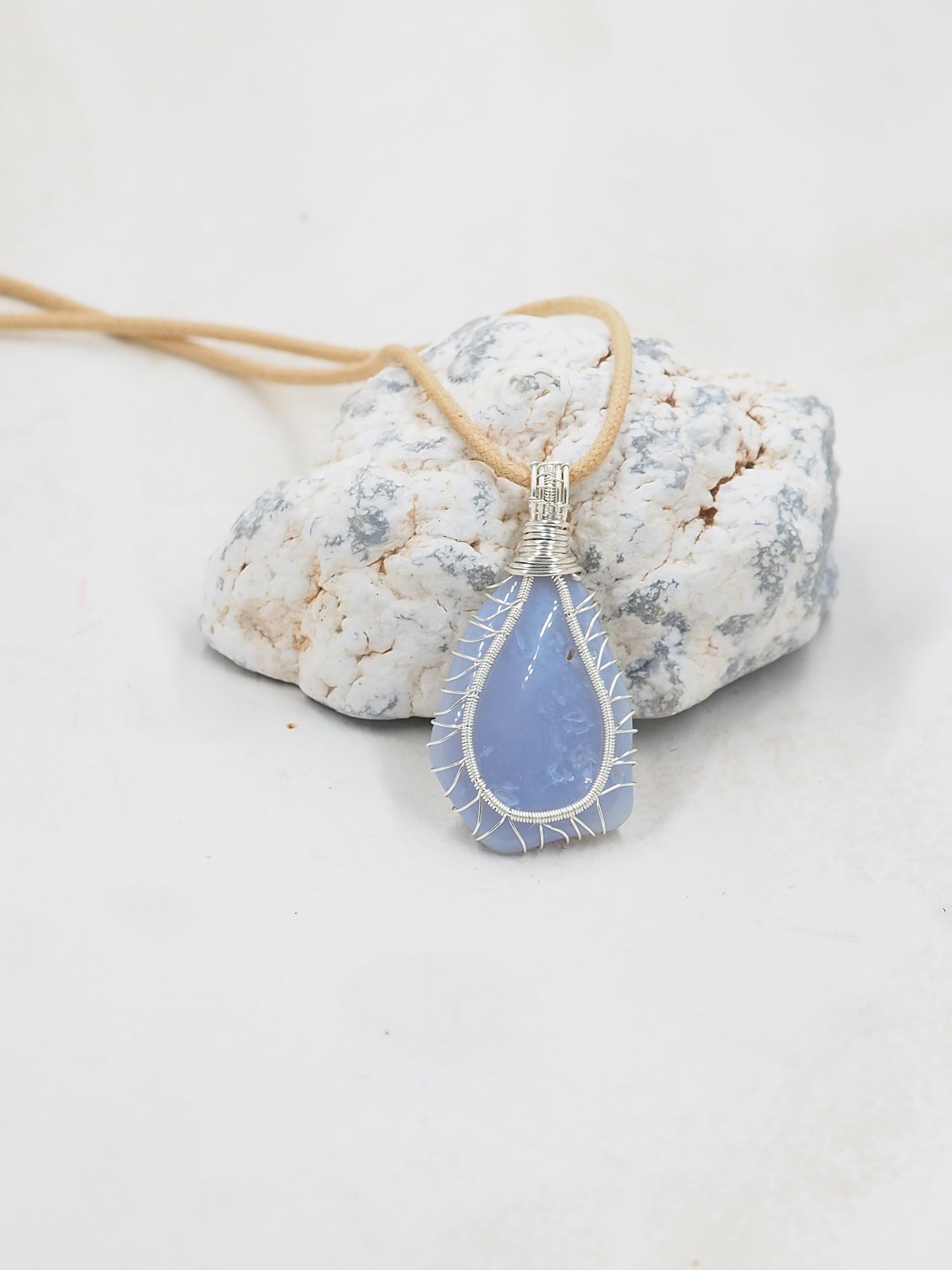 Blue Chalcedony Freeform Pendant, Hand Wrapped with Sterling Silver