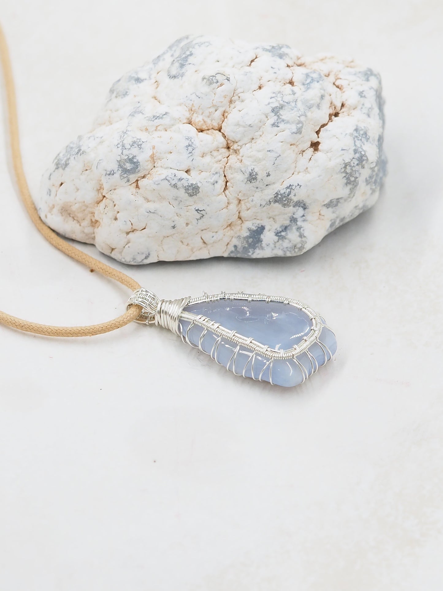 Blue Chalcedony Freeform Pendant, Hand Wrapped with Sterling Silver