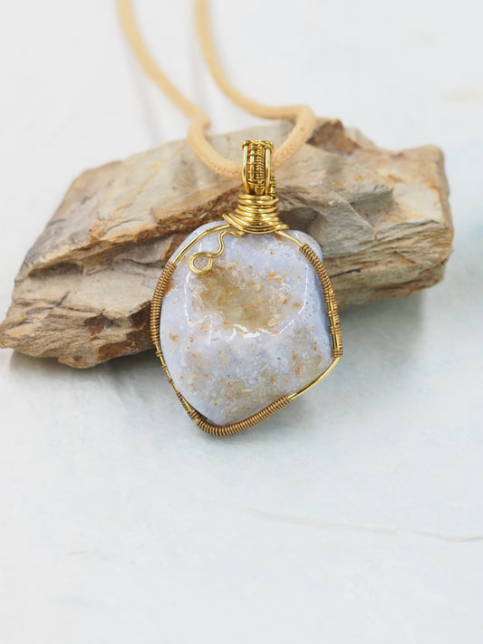 Blue Chalcedony Freeform Pendant, Hand Wrapped with Brass